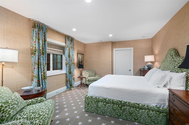 bedroom featuring recessed lighting, baseboards, and carpet flooring