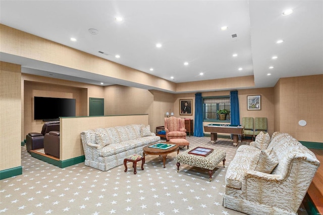 carpeted living room with recessed lighting, visible vents, and wallpapered walls