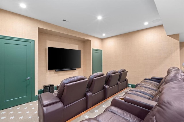 cinema with recessed lighting, visible vents, carpet floors, and wallpapered walls