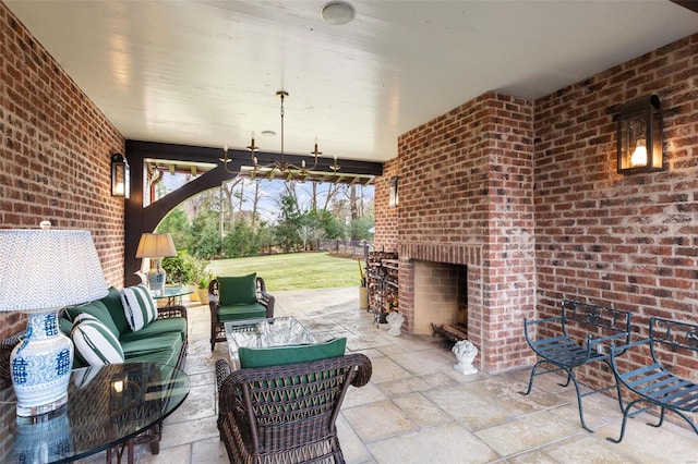 view of patio featuring an outdoor living space with a fireplace