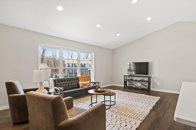 living room with vaulted ceiling, recessed lighting, wood finished floors, and baseboards