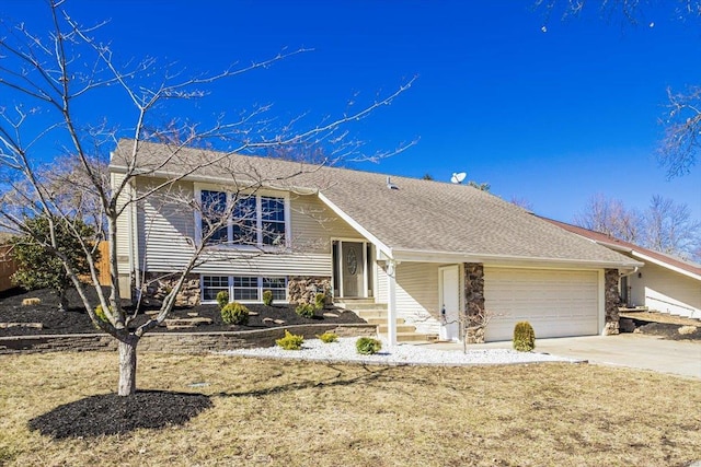 view of front of home with a garage, driveway, and a shingled roof