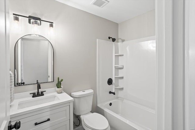 bathroom with toilet, shower / bathtub combination, visible vents, and vanity