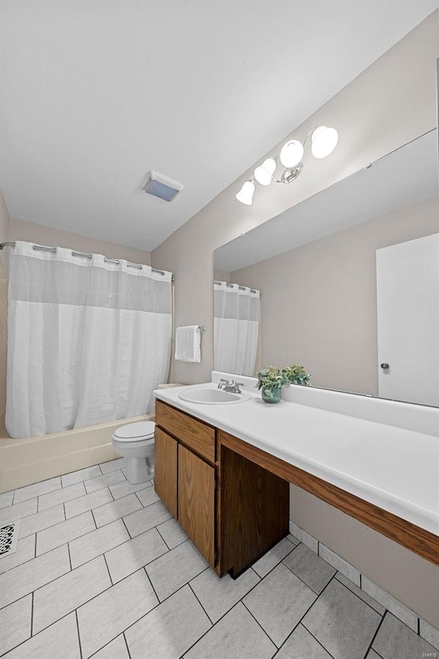 bathroom with tile patterned flooring, toilet, visible vents, vanity, and shower / bath combination with curtain