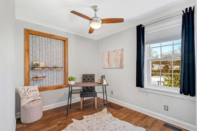 home office featuring visible vents, dark wood finished floors, and crown molding