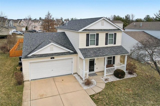 traditional-style home with a porch, a garage, driveway, roof with shingles, and a front lawn