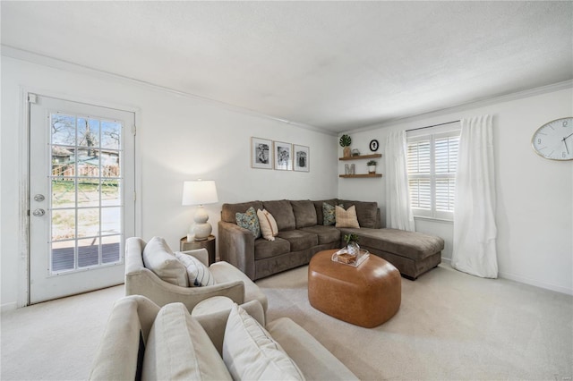 living room with carpet flooring, a textured ceiling, baseboards, and ornamental molding