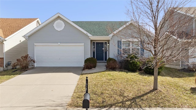 ranch-style home featuring a front yard, concrete driveway, and an attached garage