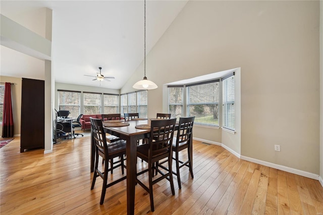 dining area featuring high vaulted ceiling, light wood-type flooring, visible vents, and baseboards