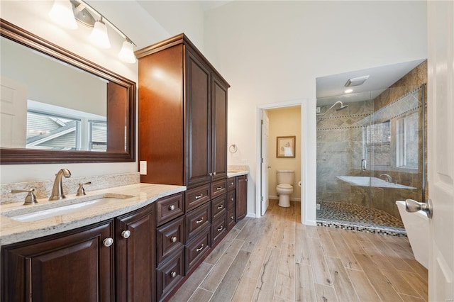 bathroom with toilet, wood finished floors, visible vents, vanity, and a stall shower