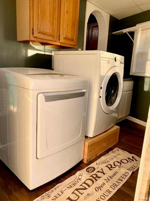 washroom featuring independent washer and dryer, dark wood finished floors, and cabinet space