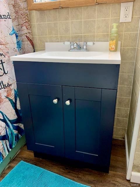 interior details featuring wood finished floors and vanity