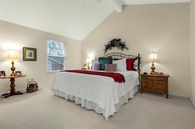 bedroom with beamed ceiling, baseboards, light colored carpet, and high vaulted ceiling