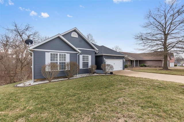 single story home featuring concrete driveway, a front lawn, and an attached garage