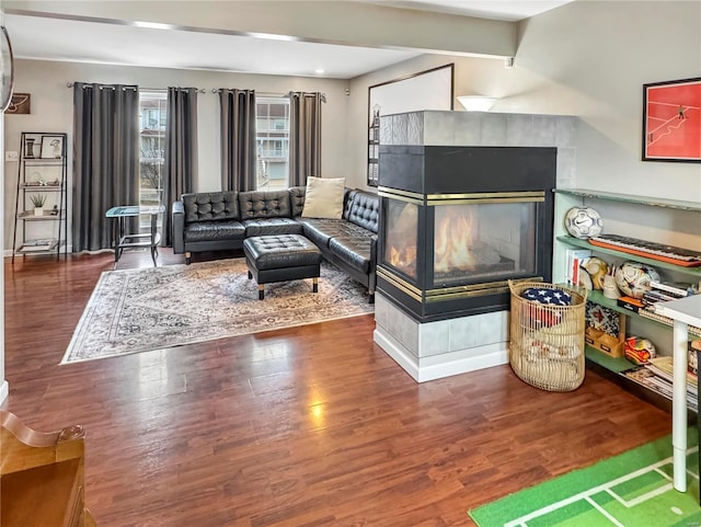 living area with wood finished floors and a multi sided fireplace