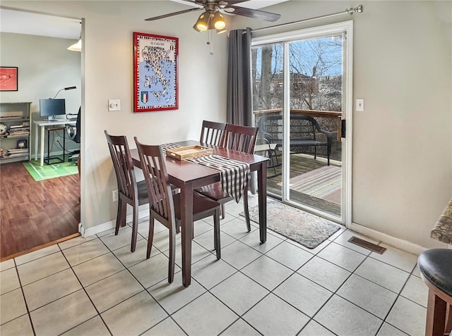 dining space featuring a ceiling fan, visible vents, baseboards, and light tile patterned floors