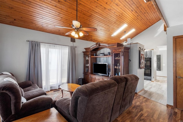 living room featuring ceiling fan, wooden ceiling, wood finished floors, baseboards, and vaulted ceiling