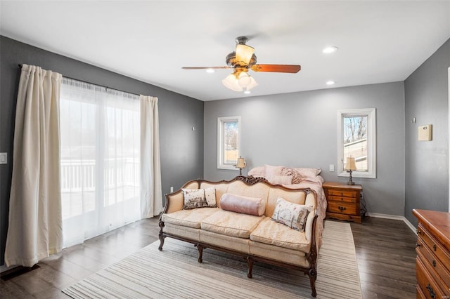 bedroom featuring ceiling fan, baseboards, dark wood-style flooring, and recessed lighting