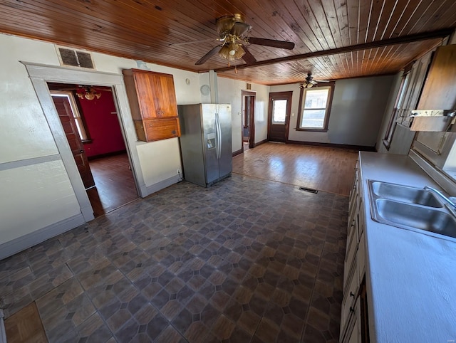 kitchen with a sink, wood ceiling, visible vents, baseboards, and stainless steel refrigerator with ice dispenser