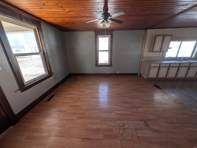 unfurnished dining area featuring wood ceiling, a sink, light wood-style flooring, and baseboards