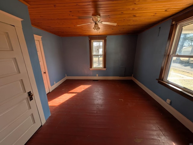 empty room with dark wood-style flooring, wooden ceiling, ceiling fan, and baseboards