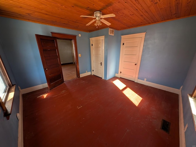 unfurnished bedroom featuring wood ceiling, visible vents, dark wood finished floors, and baseboards