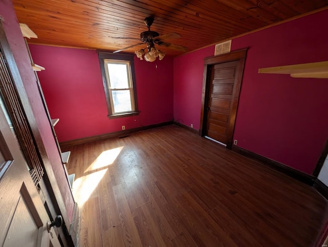 unfurnished bedroom with dark wood-style floors, wooden ceiling, visible vents, and baseboards