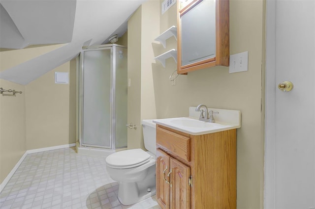 full bathroom with a stall shower, visible vents, vanity, and toilet