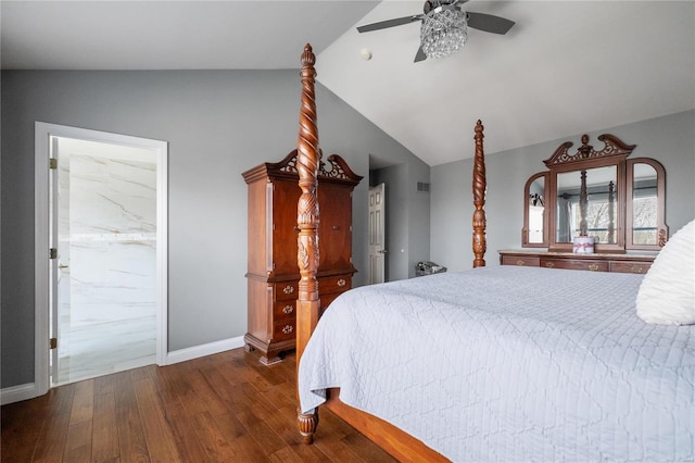 bedroom with lofted ceiling, dark wood-style flooring, a ceiling fan, and baseboards