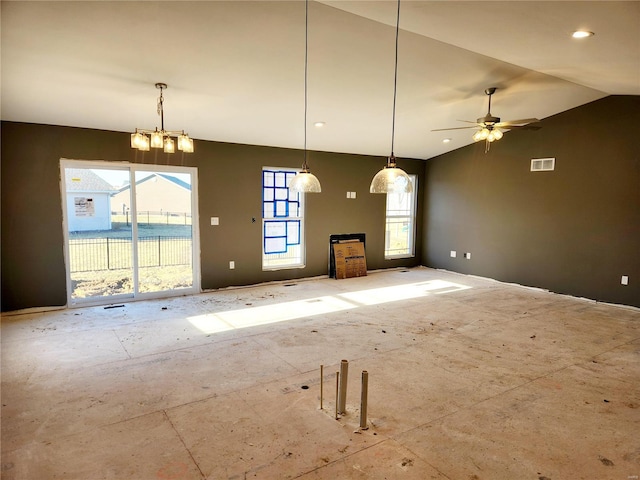 unfurnished living room with high vaulted ceiling, visible vents, and a ceiling fan