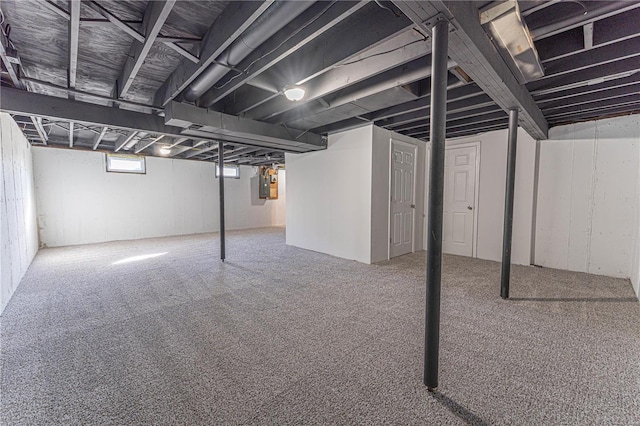 below grade area featuring electric panel and carpet flooring