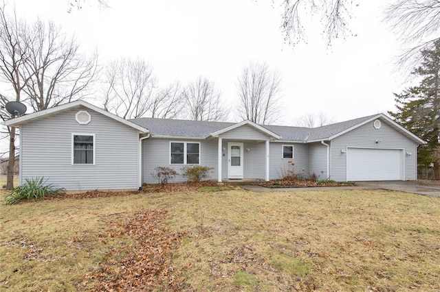 ranch-style home with a garage, a front yard, roof with shingles, and driveway