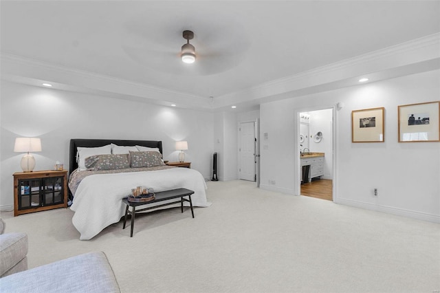 bedroom with recessed lighting, ornamental molding, carpet flooring, connected bathroom, and baseboards