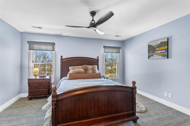 bedroom featuring a ceiling fan, carpet flooring, visible vents, and baseboards