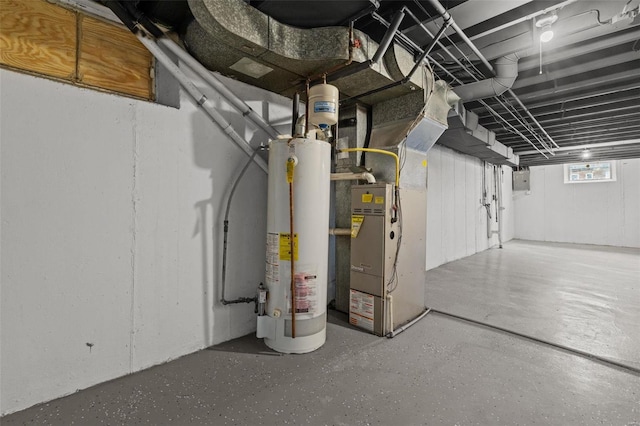 basement with gas water heater and heating unit