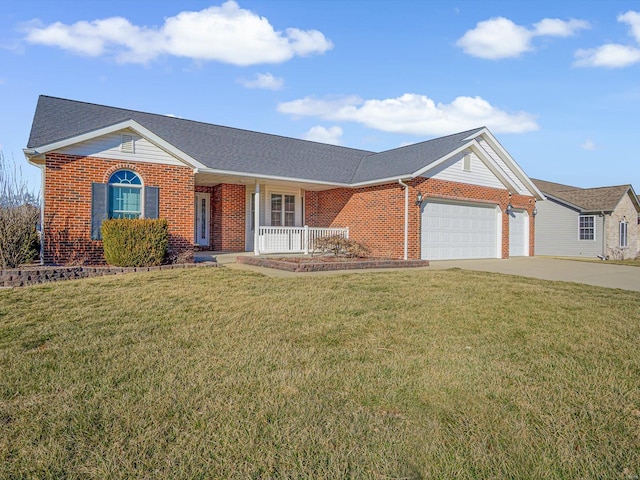 ranch-style house featuring brick siding, a porch, concrete driveway, an attached garage, and a front yard