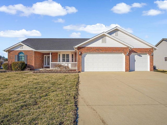 ranch-style home featuring an attached garage, covered porch, brick siding, driveway, and a front yard