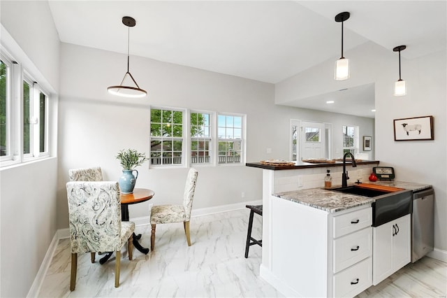 kitchen featuring plenty of natural light, baseboards, a sink, and dishwasher