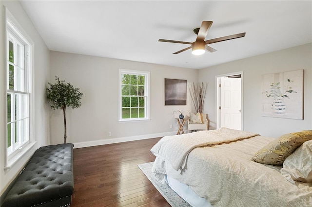 bedroom featuring ceiling fan, dark wood-type flooring, and baseboards