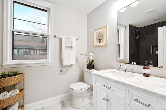 bathroom featuring baseboards, a shower, toilet, marble finish floor, and vanity