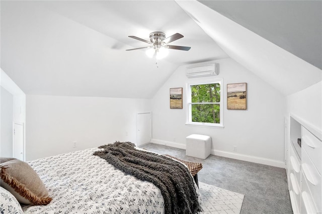 carpeted bedroom with vaulted ceiling, a wall unit AC, a ceiling fan, and baseboards