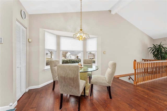 dining room with vaulted ceiling with beams, baseboards, hardwood / wood-style flooring, and an inviting chandelier