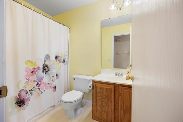 full bath with toilet, tile patterned floors, a shower with shower curtain, and vanity