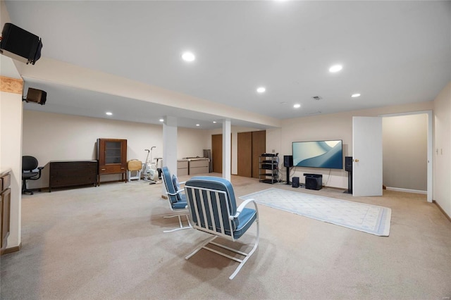 workout room featuring recessed lighting, visible vents, and light colored carpet