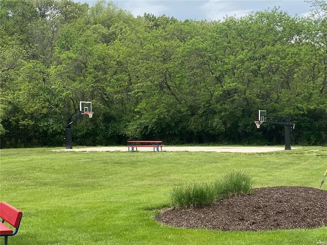 view of property's community with a yard and a wooded view