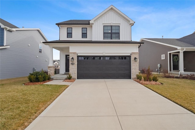 view of front of property featuring board and batten siding, a garage, driveway, and a front lawn