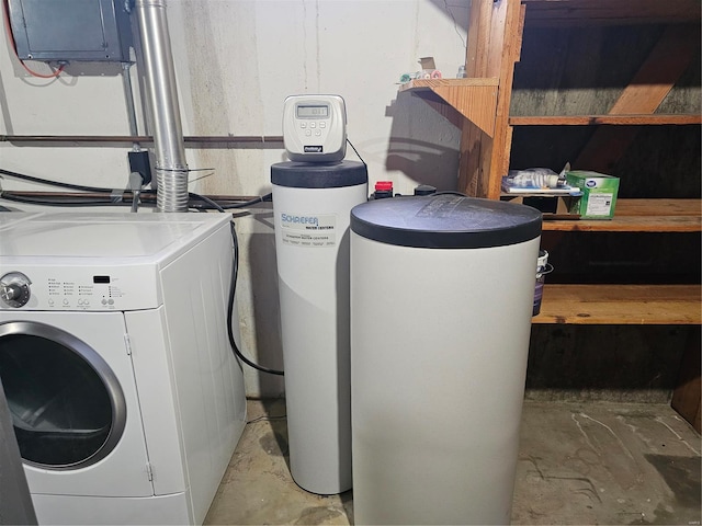 washroom featuring washer / dryer, electric panel, and laundry area