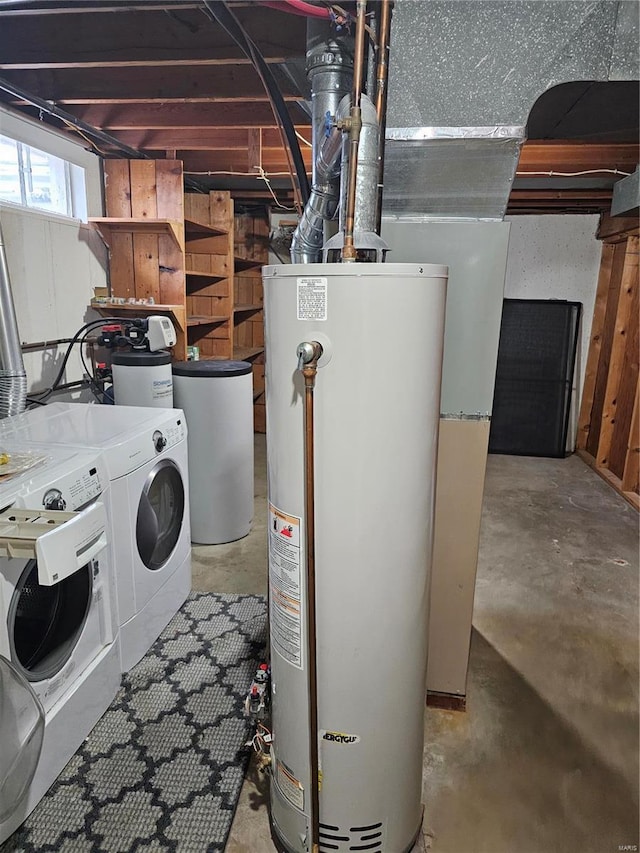 interior space with laundry area, gas water heater, and independent washer and dryer