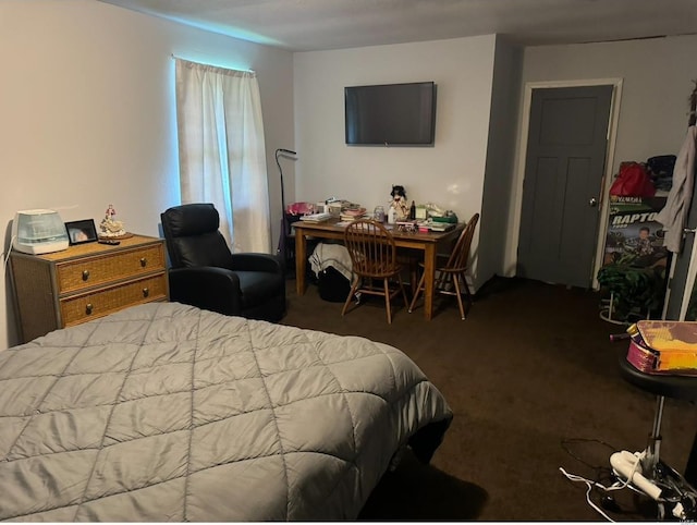 bedroom featuring dark colored carpet