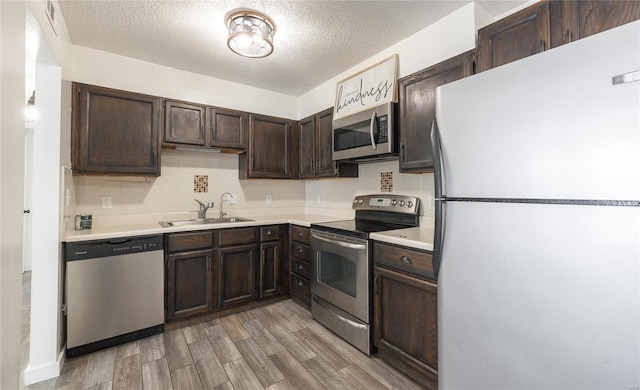 kitchen featuring light wood finished floors, stainless steel appliances, light countertops, a sink, and dark brown cabinets